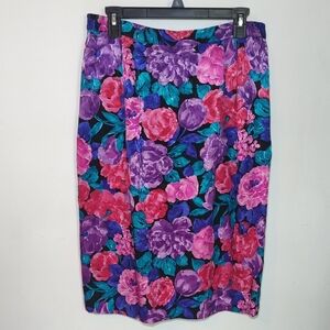 Vintage Pull-on Colorful Floral Silk Midi Skirt Made in Korea Women's Size 14